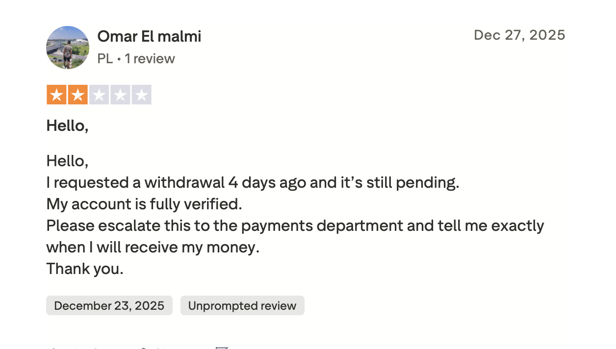 Opinia gracza Omar El malmi z Polski na Trustpilot, 2 gwiazdki, wypłata w toku od 4 dni mimo w pełni zweryfikowanego konta