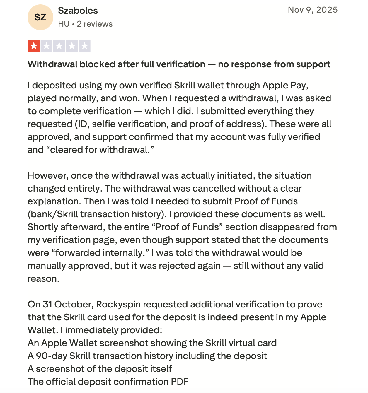 Opinia gracza Szabolcs z Węgier na Trustpilot, 1 gwiazdka, wypłata anulowana po pełnej weryfikacji i żądanie Proof of Funds
