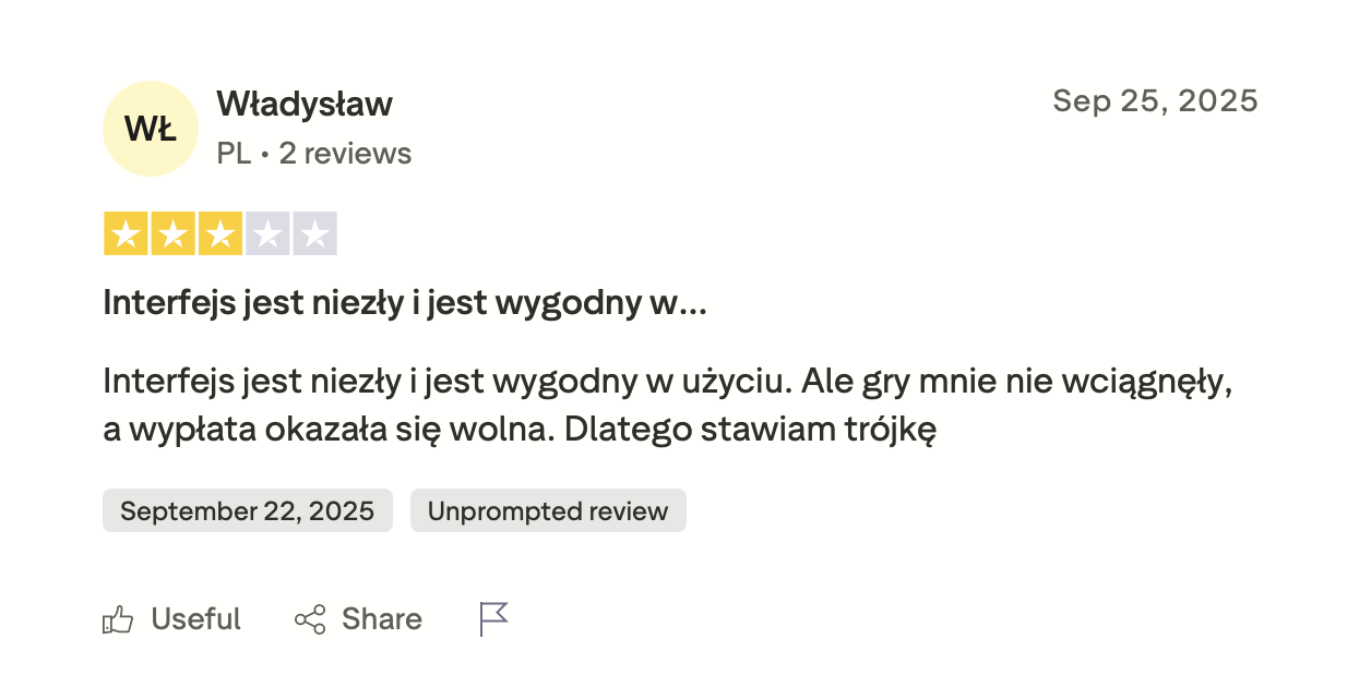 Opinia gracza Władysław z Polski na Trustpilot, 3 gwiazdki, wygodny interfejs ale wolna wypłata